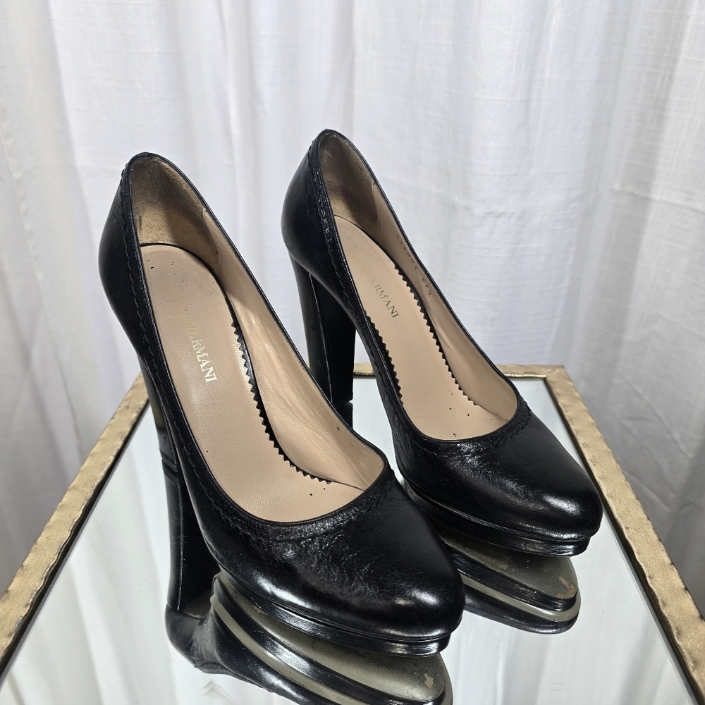 Emporio Armani Black Leather Pumps Block Heels - Picture 4 of 15